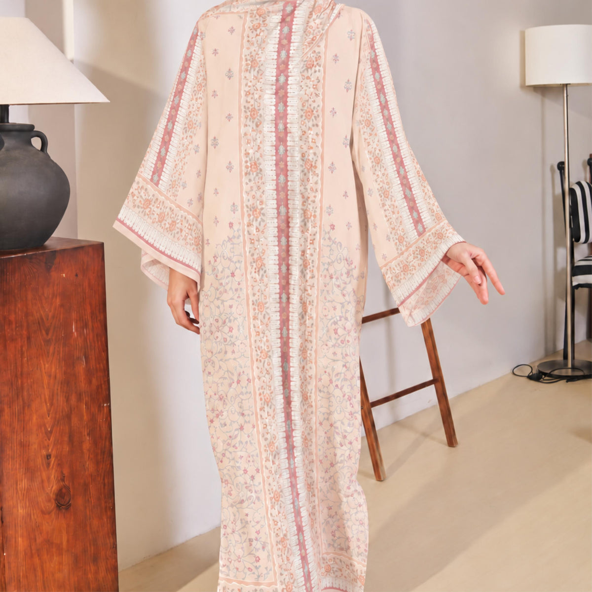 YUSRA KAFTAN IN APRICOT (FREE SHAWL)
