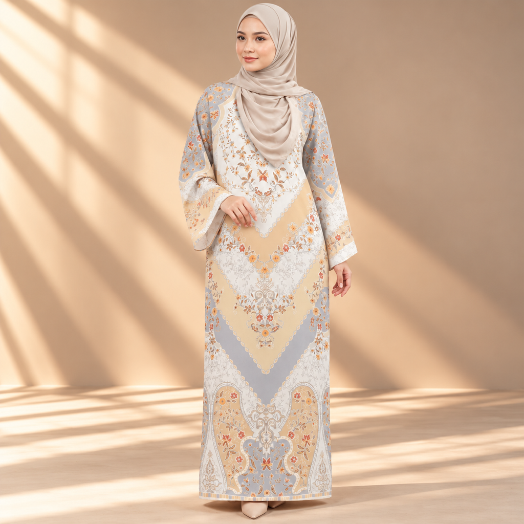 PUSPA KAFTAN IN LIGHT MUSTARD (FREE SHAWL)