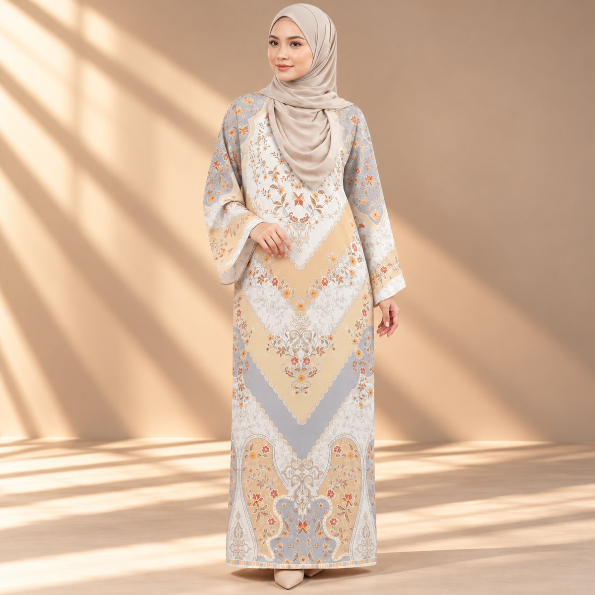 PUSPA KAFTAN IN LIGHT MUSTARD (FREE SHAWL)
