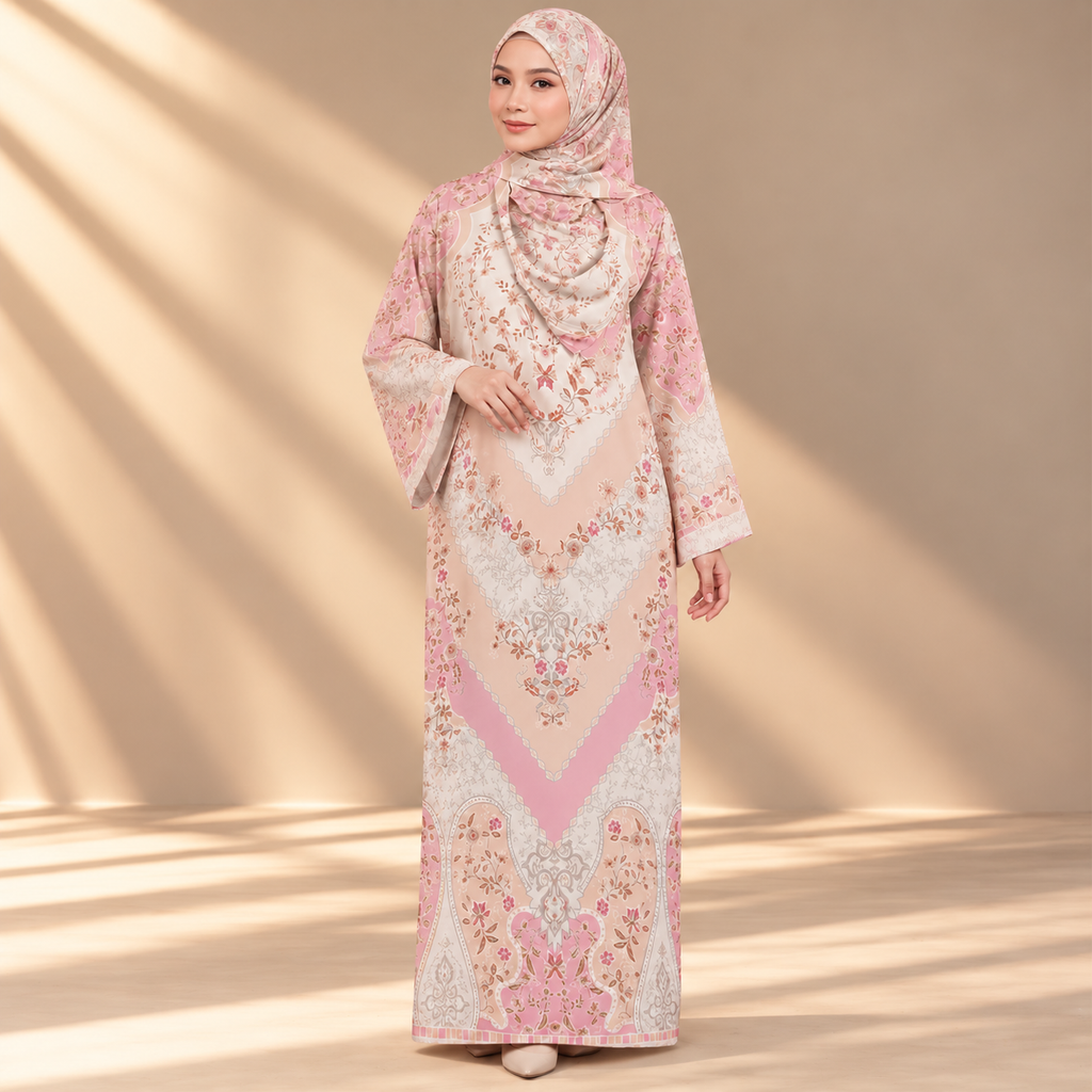 PUSPA KAFTAN IN MILKY PINK (FREE SHAWL)
