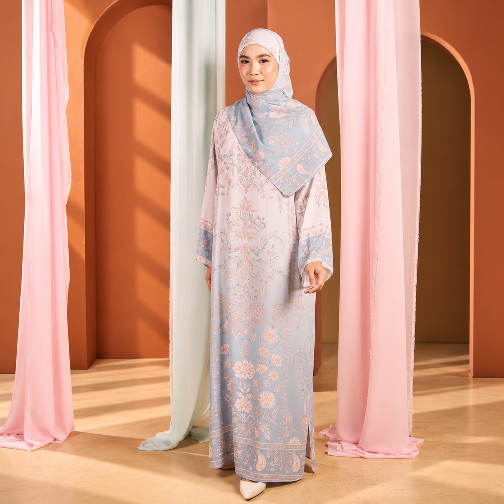 Juliette Ombré Kaftan – Misty Blue (FREE SHAWL) – BELHAMS