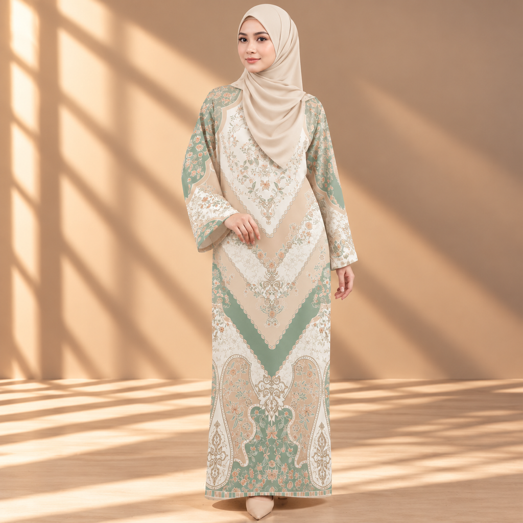 PUSPA KAFTAN IN WHITE PALMA (FREE SHAWL)